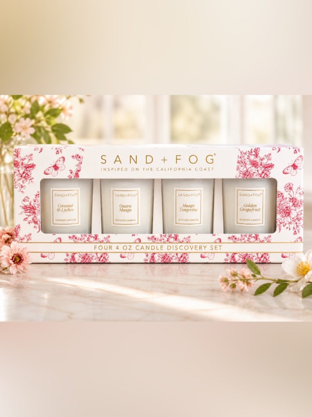 Sand + Fog Four 4 oz Candle Discovery Set Coconut Lychee, Guava, Mango Tangerine